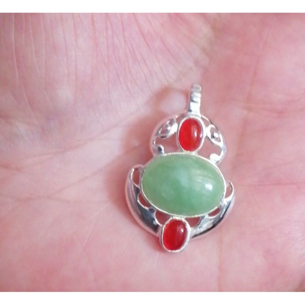 Vintage 925 Sterling Silver Carnelian Prehnite Pendant Handmade